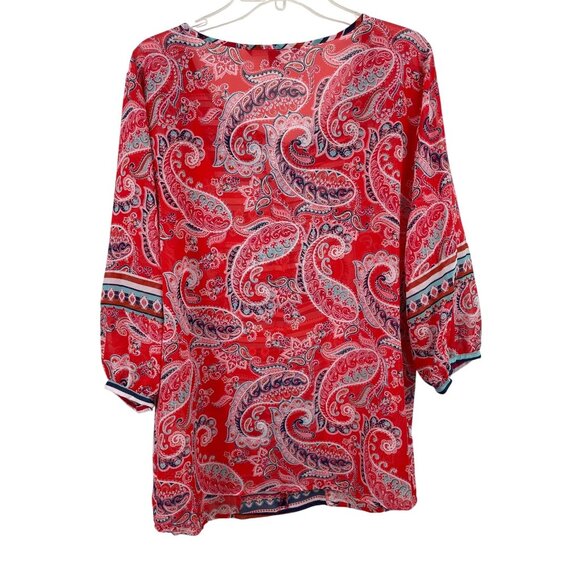 Valerie Stevens Womens Size 2X Top Red Paisley Sheer Boho Tassels Blouse Shirt - Picture 2 of 10